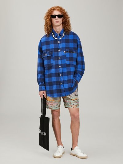 Camisas Palm Angels Curved Logo Checked Shirt Hombre Azules Blancas | ES-278303