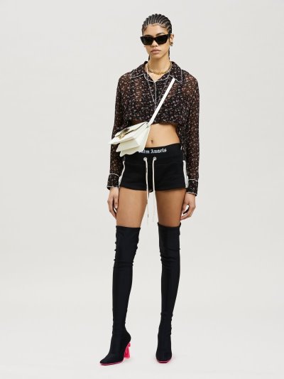 Pantalones Cortos Palm Angels Mini Pista Fleece Shorts Mujer Negras Blancas | ES-720905