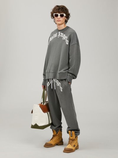 Pantalones Deportivos Palm Angels Dark Grey Curved Logo Sweatpants Hombre Negras Blancas | ES-920672