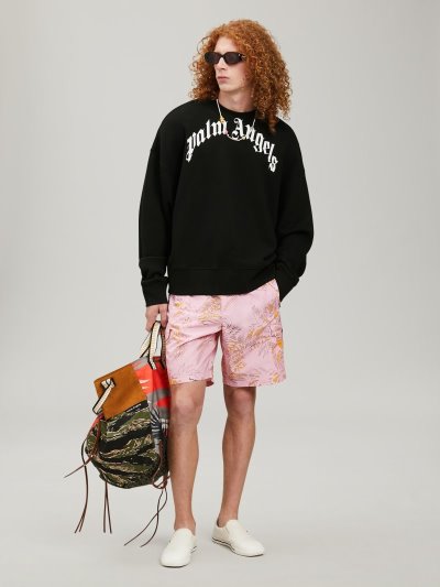Sudadera Con Capucha Palm Angels Curved Logo Sweatshirt Hombre Negras Blancas | ES-077163