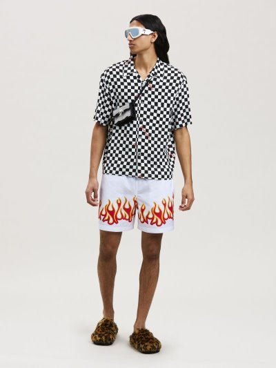 Swim Shorts Palm Angels Burning Flames Print Swimshort Hombre Blancas Rojas | ES-947362